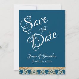 Reserve A Data Casamento Elegante Dourado de Script Azul Damasco