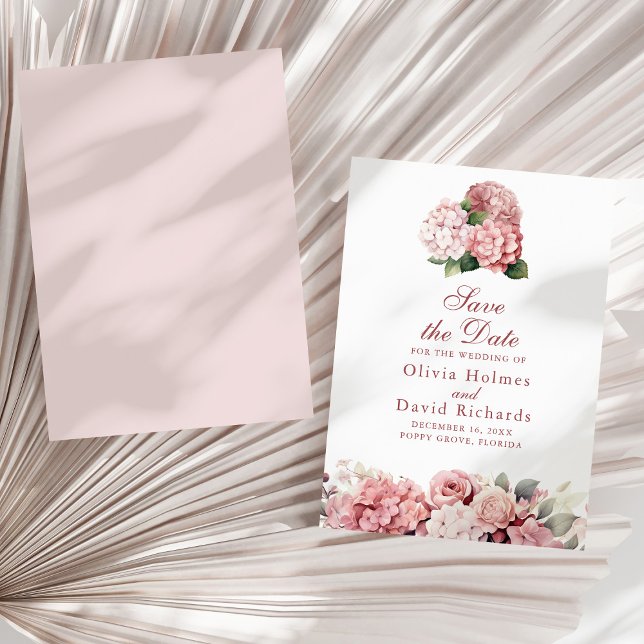 Reserve A Data Casamento Elegante Dusty Rosa Hydrangea (Elegant Dusty Rose Hydrangea Wedding Save The Date on a sunny neutral dry palm leaf.)