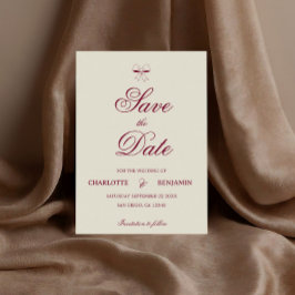 Reserve A Data Casamento Elegante em Script Burgundy com Laço de 