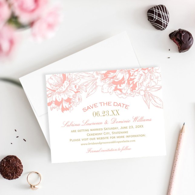 Reserve A Data Casamento Elegante Esboço de Peônia Coral (Criador carregado)