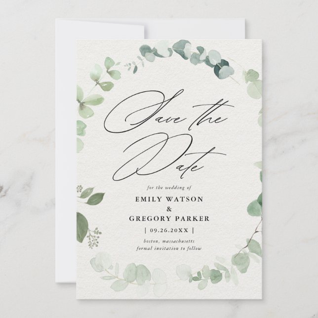 Reserve A Data Casamento Elegante Eucalyptus Calliografia (Frente)