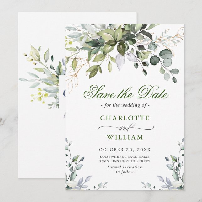 Reserve A Data Casamento Elegante Eucalyptus Greenery (Frente/Verso)