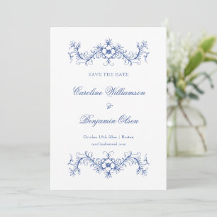 Reserve A Data Casamento Elegante Floral Azul e Branco Francês