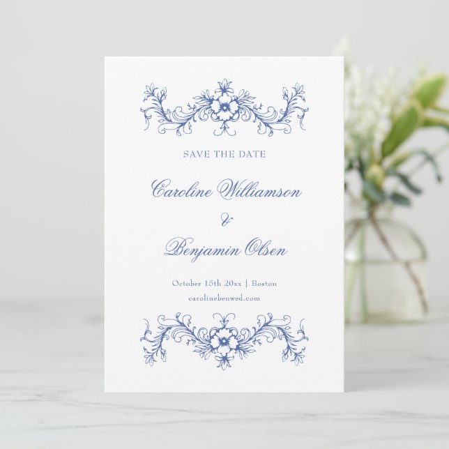 Reserve A Data Casamento Elegante Floral Azul e Branco Francês (Em pé/Frente)