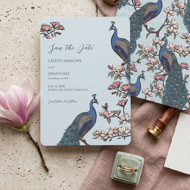 Reserve A Data Casamento Elegante Floral Azul Pavão (Hand-drawn save the date with blue teal peacock and magnolia flowers for peacock wedding)