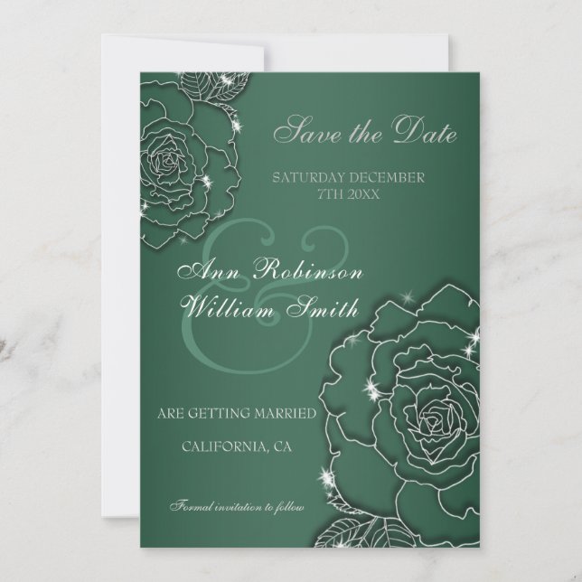 Reserve A Data Casamento Elegante floral de Silver verde Emerald (Frente)