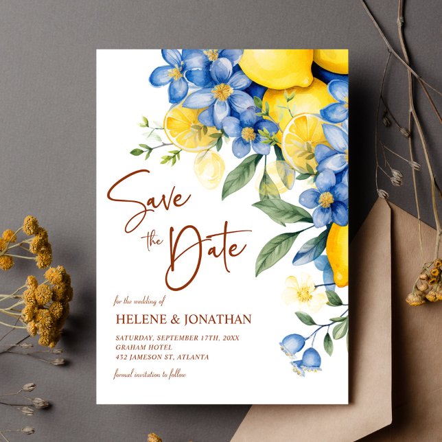 Reserve A Data Casamento Elegante Floral Floral de Lemon Watercol (Garden Lemon Watercolor Floral Elegant Wedding Save The Date)