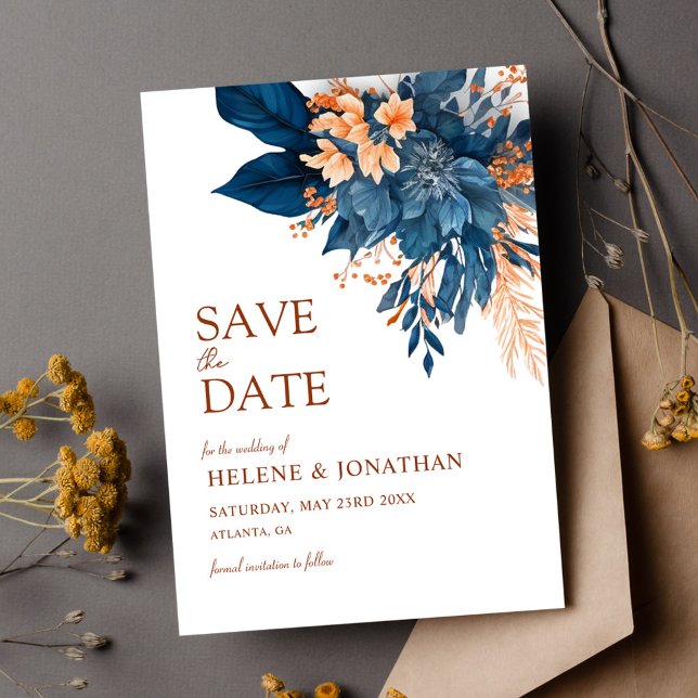 Reserve A Data Casamento Elegante Floral Floral Laranja marinho A (Floral Watercolor Modern Elegant Wedding Save The Date)