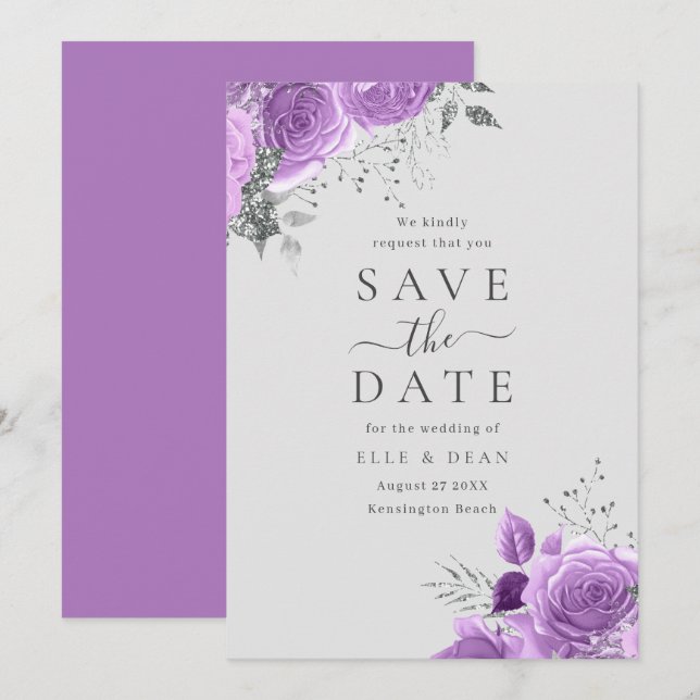 Reserve A Data Casamento Elegante Floral Lavanda Roxo e Prata  (Frente/Verso)