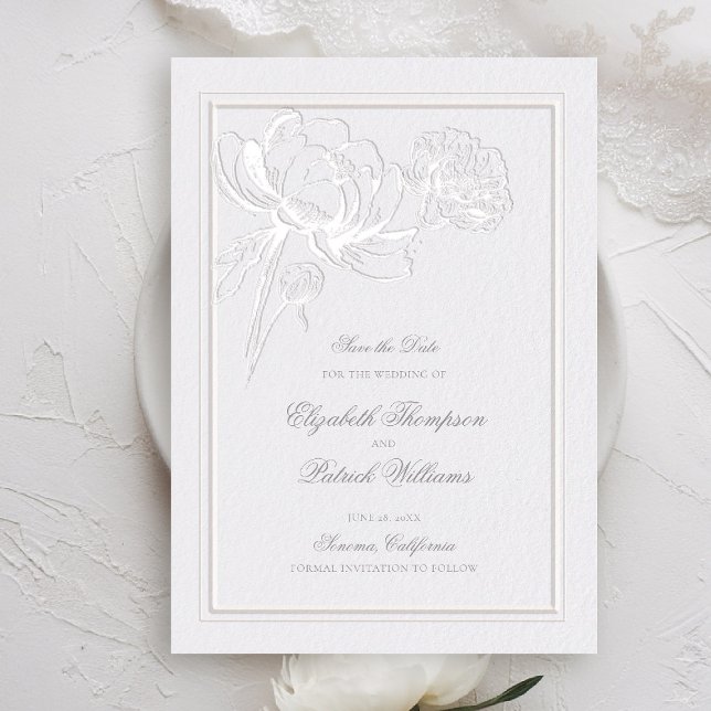 Reserve A Data Casamento Elegante Formal De Peonies Ivory (peony save the date formal modern classic traditional calligraphy double frame faux embossed ivory)