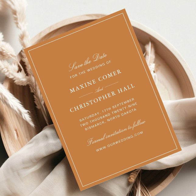 Reserve A Data Casamento Elegante Formal Laranja Queimada (Elegant burnt orange save the dates build excitement with warm and sophisticated style.)