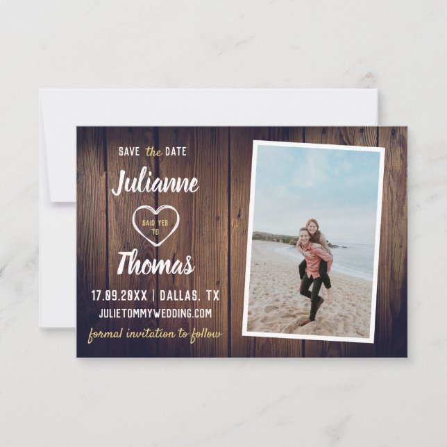 Reserve A Data Casamento Elegante Foto Personalizada Madeira Rúst (Frente)