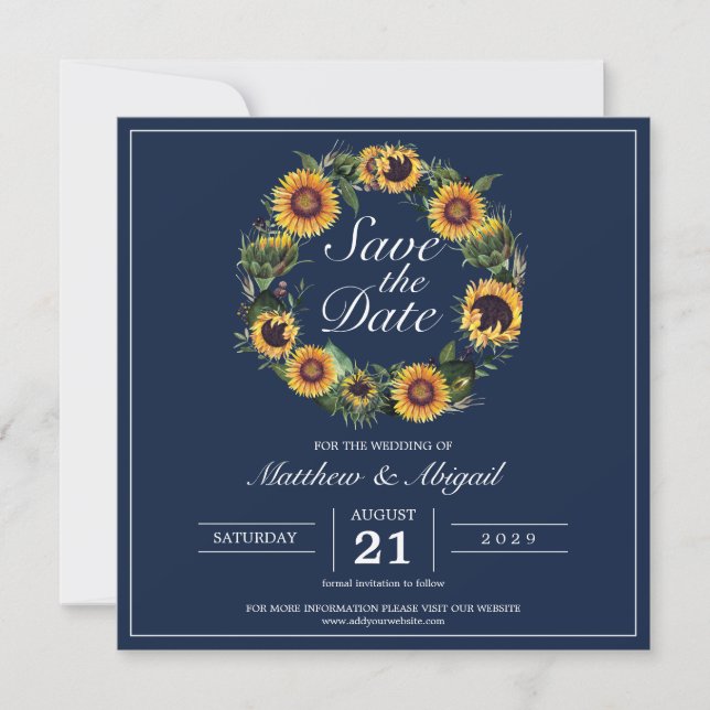 Reserve A Data Casamento Elegante Girassol Azul Marinho (Frente)