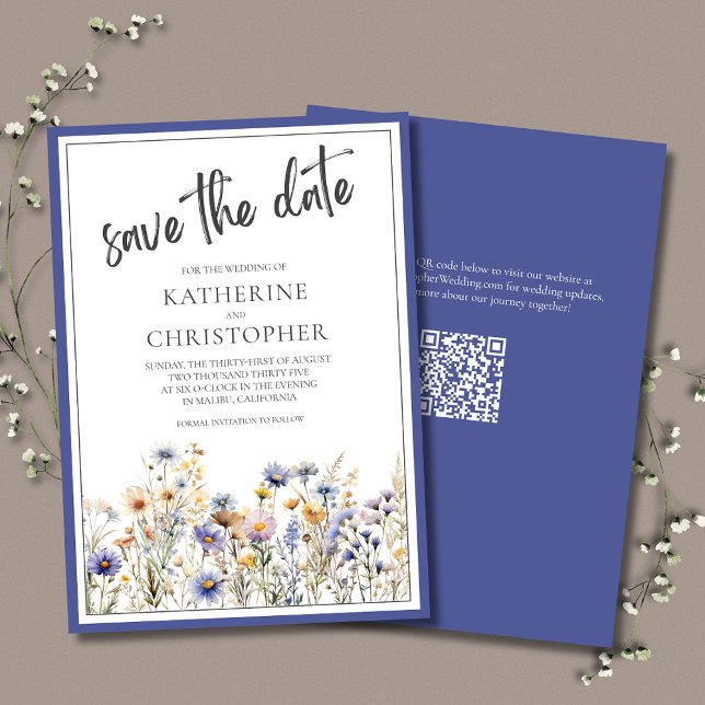 Reserve A Data Casamento Elegante Moderno e Floral de Flores Azui (Blue Wildflowers Wedding Save The Date card with QR code for wedding website.)