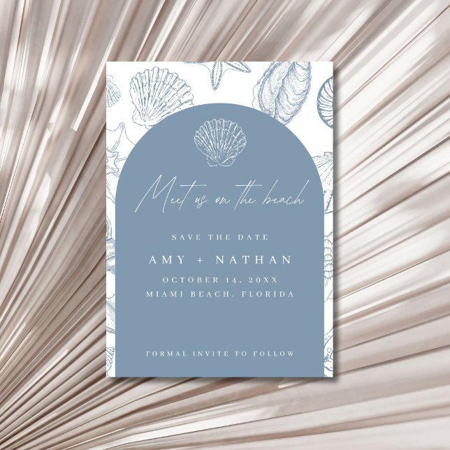 Reserve A Data Casamento Elegante na Praia com Conchas Azuis do M (Elegant Blue Seashell Beach Wedding Save the Date)