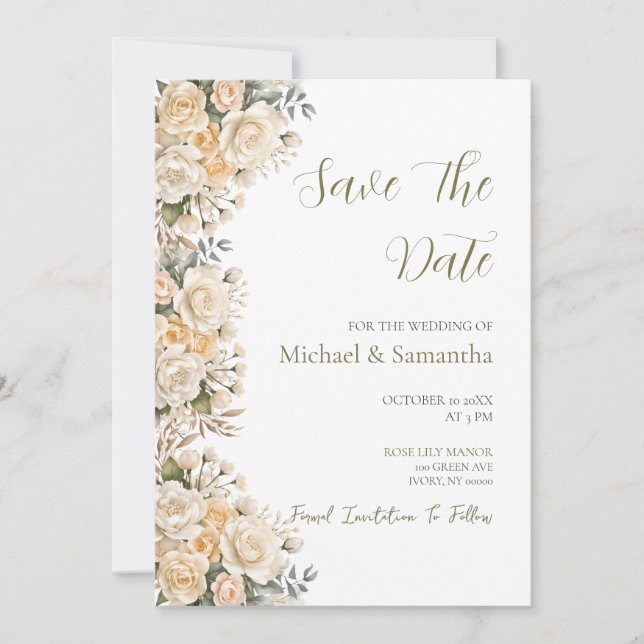 Reserve A Data Casamento Elegante Pérola Branca e Rosa Marfim (Frente)