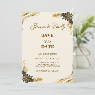 Reserve A Data Casamento Elegante Preto e Dourado