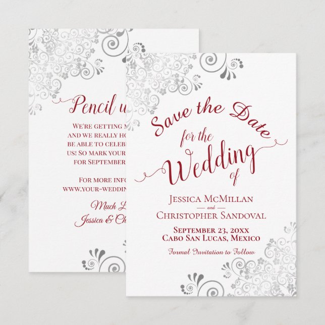 Reserve A Data Casamento Elegante Renda Prateada Filigrana Vermel (Frente/Verso)