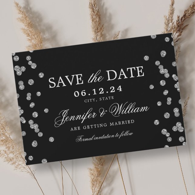 Reserve A Data Casamento Elegante Silver Confetti Preto (Elegant Script Wedding Silver Confetti Black Save The Date)