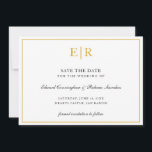 Reserve A Data Casamento Elegante Simples Monograma Dourado Forma<br><div class="desc">Elegante salve a data que apresenta seu monograma inicial em ouro falso,  dentro de uma borda,  sobre um fundo branco. Este design de classe é excelente para um casamento formal.</div>