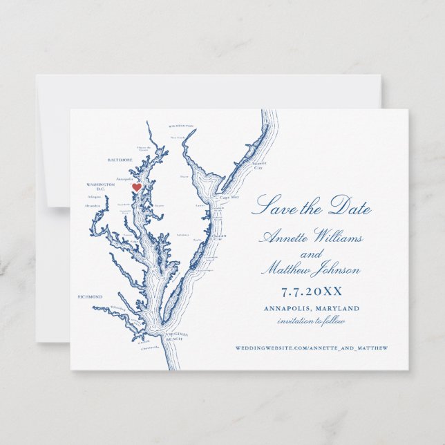 Reserve A Data Casamento em Annapolis Maryland Elegante Mapa Azul (Frente)