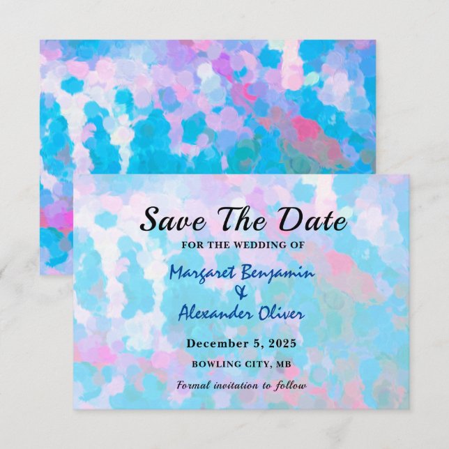 Reserve A Data Casamento em Aquarela com Círculos Azuis e Rosas E (Frente/Verso)
