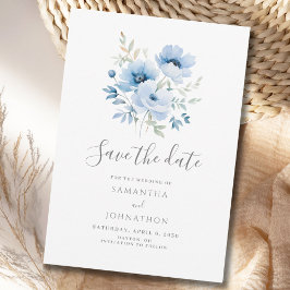 Reserve A Data Casamento em Aquarela Floral Azul Elegante