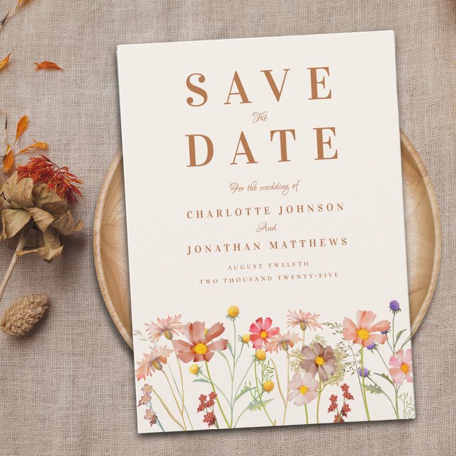 Reserve A Data Casamento em um Campo de Flores Silvestres Elegant (Elegant Wildflower fall Wedding save the date invitation with autumn watercolor florals burnt orange)