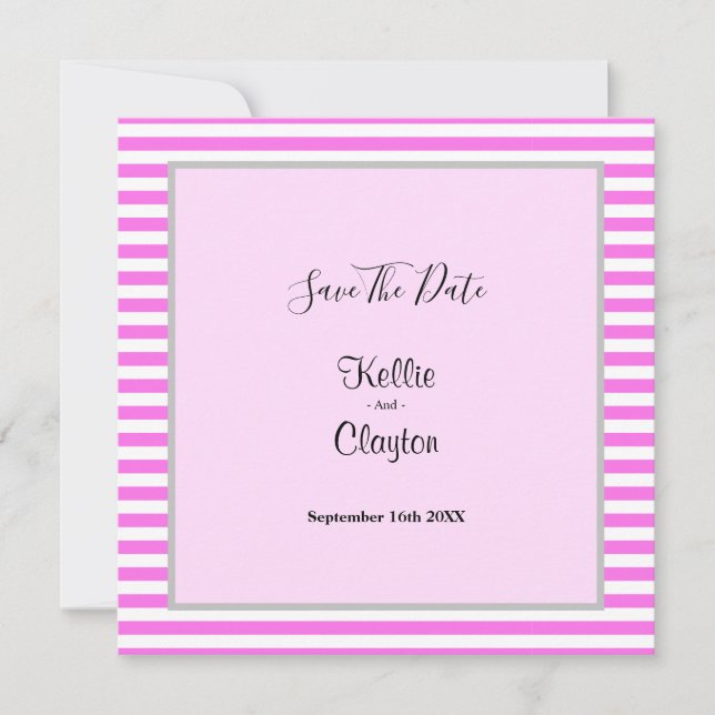 Reserve A Data Casamento emoldurado com listras rosa/branco (Frente)