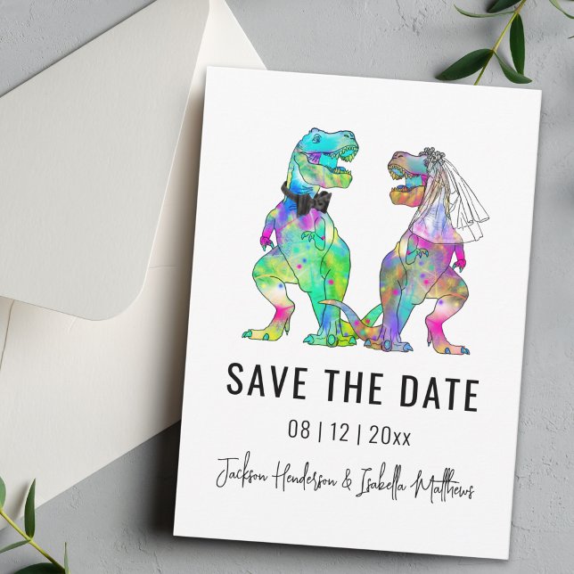 Reserve A Data Casamento Engraçado com Tema de Dinossauro (Funny T-Rex bride and groom Dinosaur wedding save the date Colorful vibrant psychedelic dino)