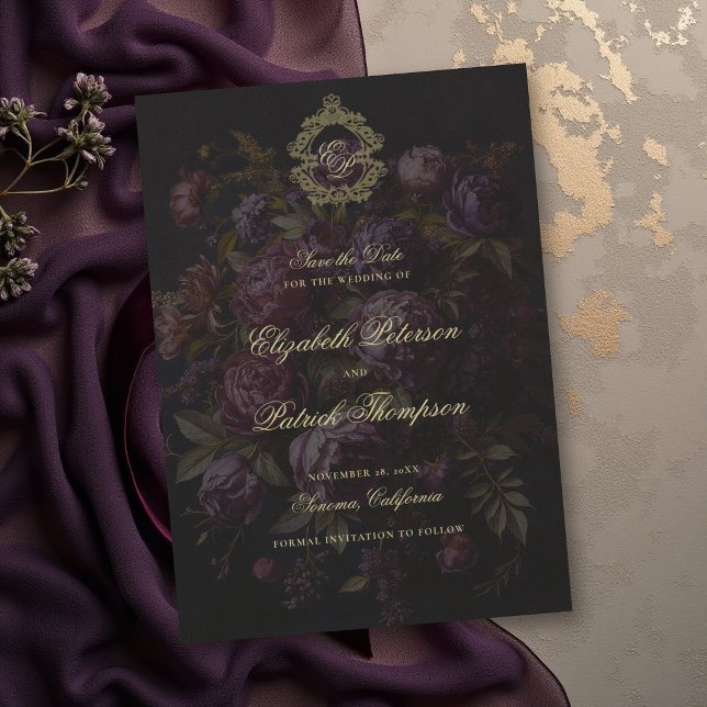 Reserve A Data Casamento Escuro com Crista Botânica de Renda Vito (moody wedding invitation suite victorian lace dark purple burgundy peony old gold crest romantic)