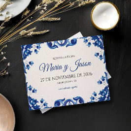 Reserve A Data Casamento Espanhol Fiesta Floral Azul Elegante