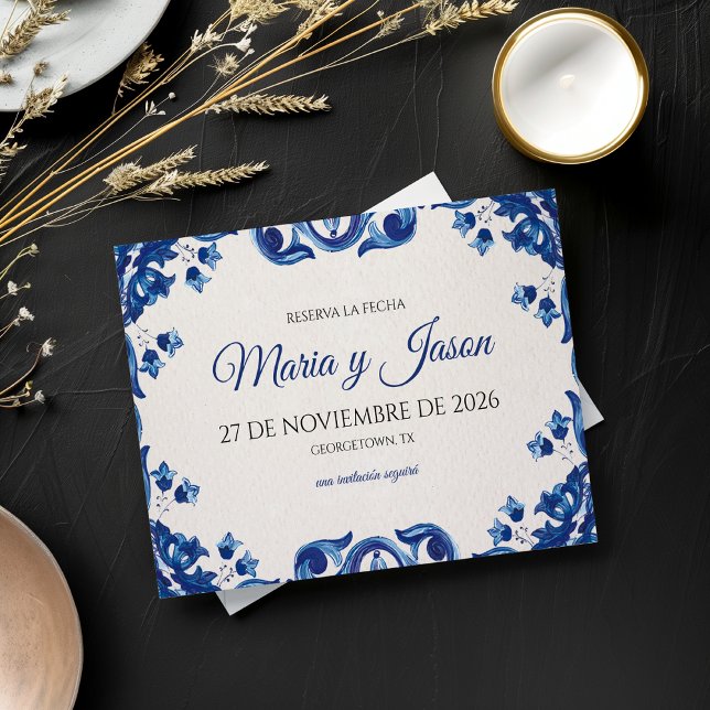 Reserve A Data Casamento Espanhol Fiesta Floral Azul Elegante (Blue Floral Elegant Fiesta Spanish Wedding Save The Date)