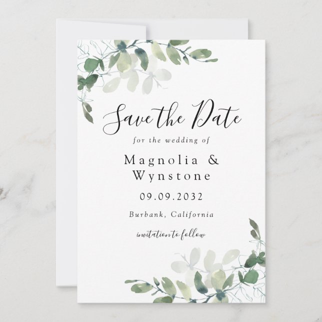 Reserve A Data Casamento Eucalyptus com Aquarela Elegante (Frente)