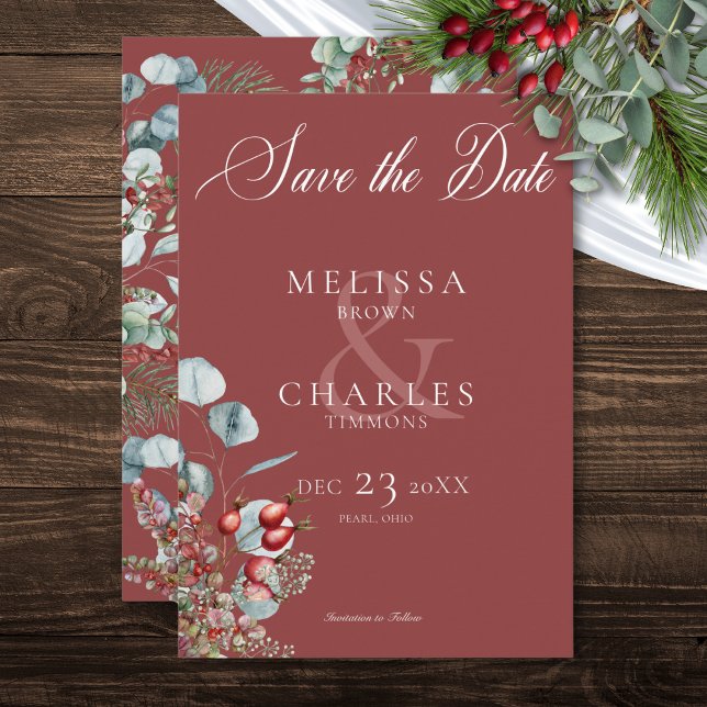 Reserve A Data Casamento Eucalyptus com pinheiro vermelho (Red Winter Pine Berries Eucalyptus Wedding Save The Date)