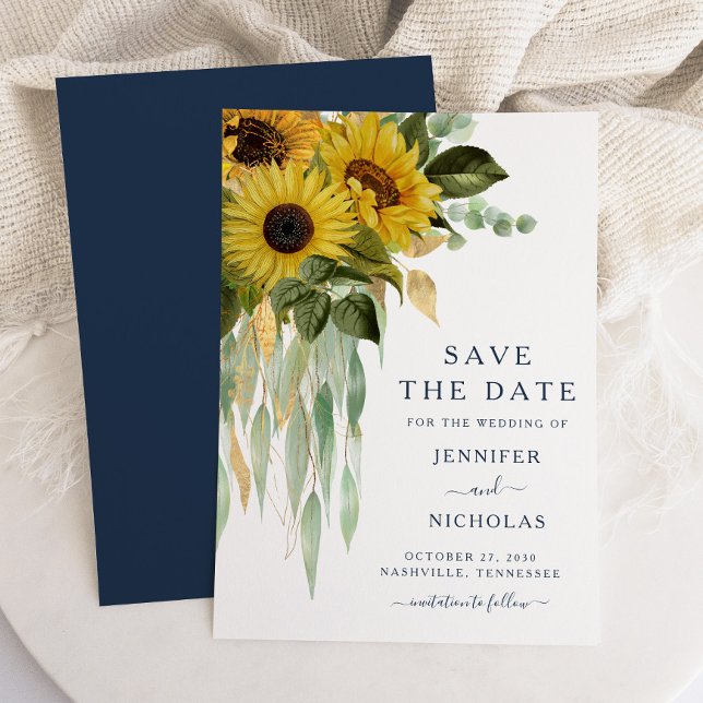 Reserve A Data Casamento Eucalyptus, Girassol, marinho Azul (Navy Blue Sunflower Eucalyptus Wedding Save The Date)