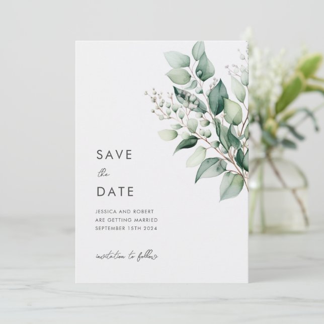 Reserve A Data Casamento Eucalyptus Greenery Mínimo Elegante (Em pé/Frente)