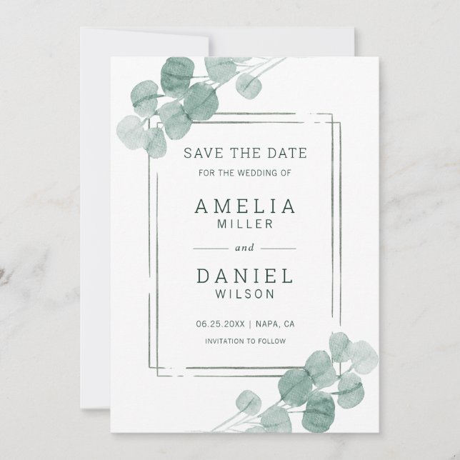 Reserve A Data Casamento Eucalyptus Verde Watercolor (Frente)
