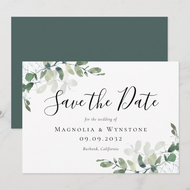 Reserve A Data Casamento Eucalyptus Watercolor Salvar A Data (Frente/Verso)