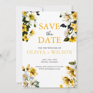Reserve A Data Casamento Floral Amarelo e Branco Elegante
