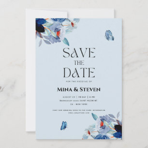 Reserve A Data Casamento floral aquarela azul poeirento 