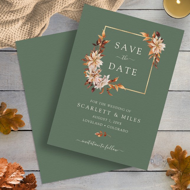 Reserve A Data Casamento Floral Aquarela Outono com Moldura Doura (Elegant Sage Fall Watercolor Floral Gold Frame Wedding Save The Date by Painted Paperie)