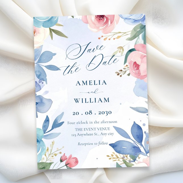 Reserve A Data Casamento floral azul (Criador carregado)