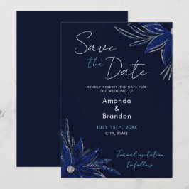 Reserve A Data Casamento Floral Azul Chic Silver e Marinho