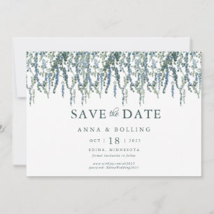 Reserve A Data Casamento Floral Azul com Folhagem de Videira