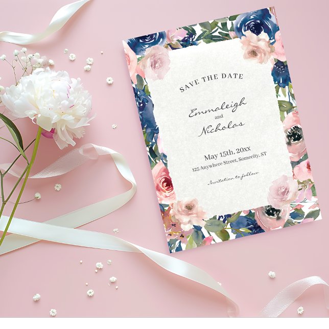 Reserve A Data Casamento Floral Azul Com Papel Esmagado (Criador carregado)
