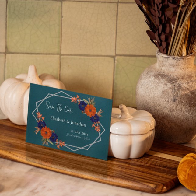 Reserve A Data Casamento Floral Azul de Marinho Laranja de Outono (Criador carregado)