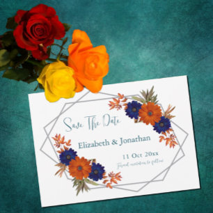 Reserve A Data Casamento Floral Azul de Marinho Laranja de Outono