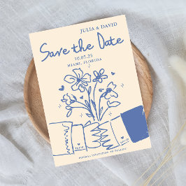 Reserve A Data Casamento Floral Azul Desenhado à Mão Caprichoso