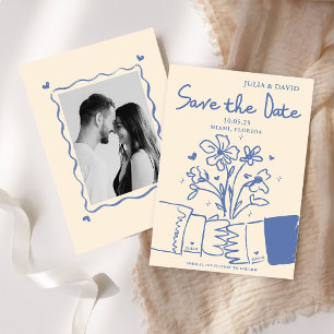 Reserve A Data Casamento Floral Azul Desenhado à Mão Caprichoso